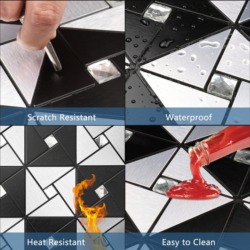 Vamos Tile Peel and Stick Backsplash Tile with Gloves - Metal Tile Stick on Backsplash for Kitchen and Bathroom Black&Silver Windmill Puzzle Glass Mixed Self Adhesive Mosaic Tiles(12"x12"x10 Sheets) - Image 4